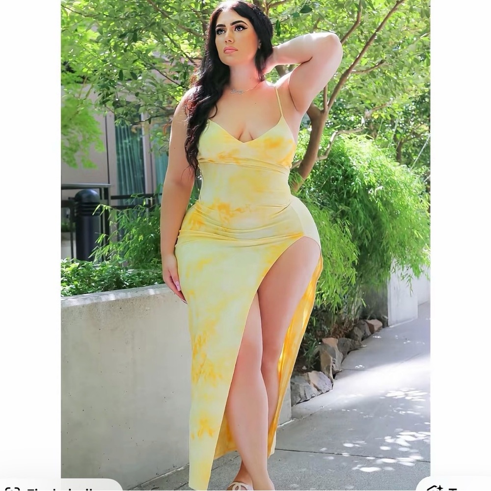 Fashion Nova Yellow Tie-Dye Maxi Dress with High Side Slit